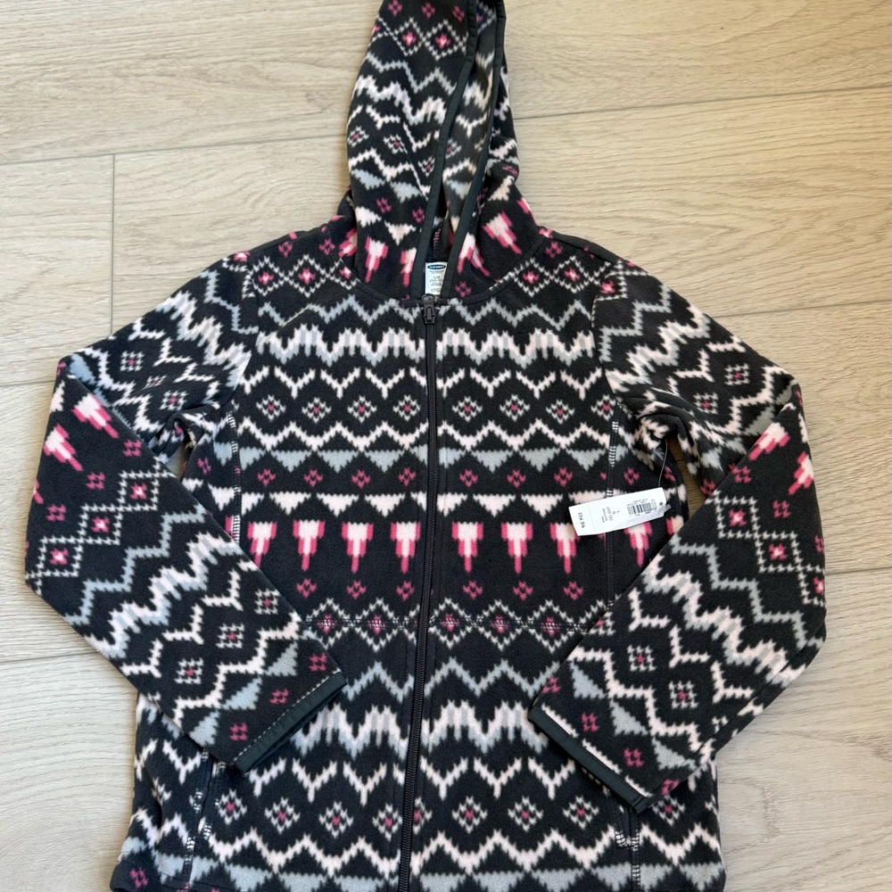 Old Navy Kids Black and Pink Patterned Hooded Zip-Up Jacket NWT Size L(10-12)